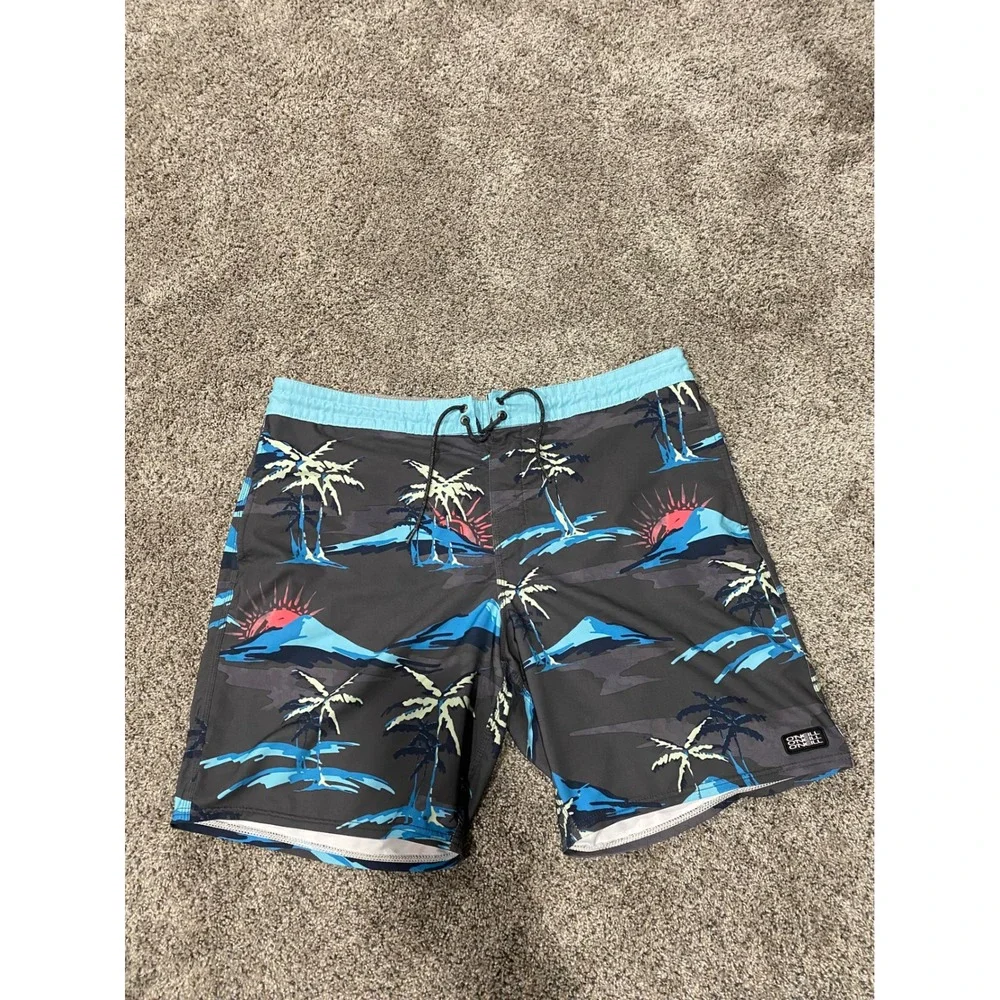 ONeill Cruzers Board Shorts Mens 38 Tropical Palm Tree Camo Swim Grey Blue